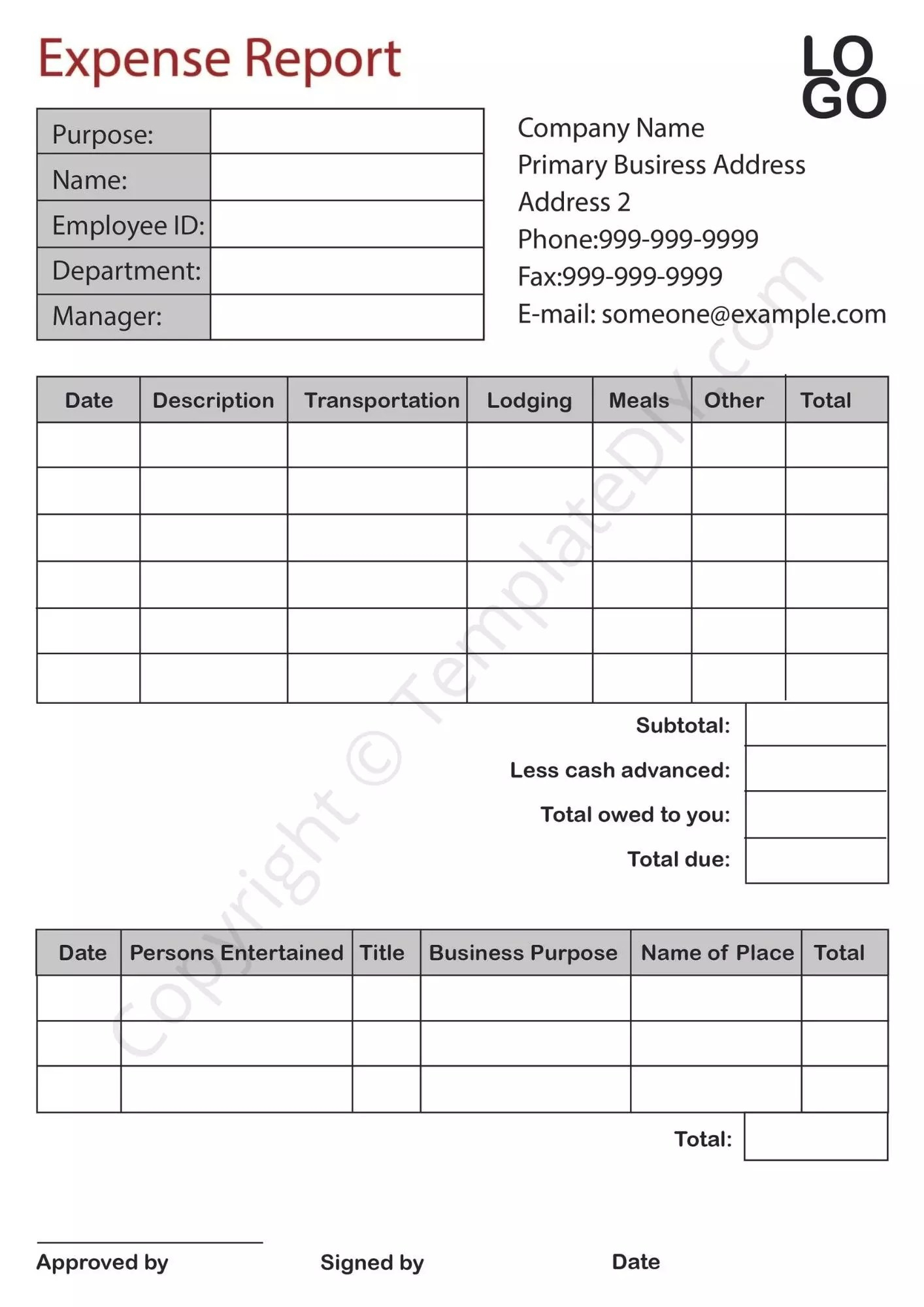 Expense Report Template Blank Printable [PDF, Excel & Word] Regarding Company Expense Report Template