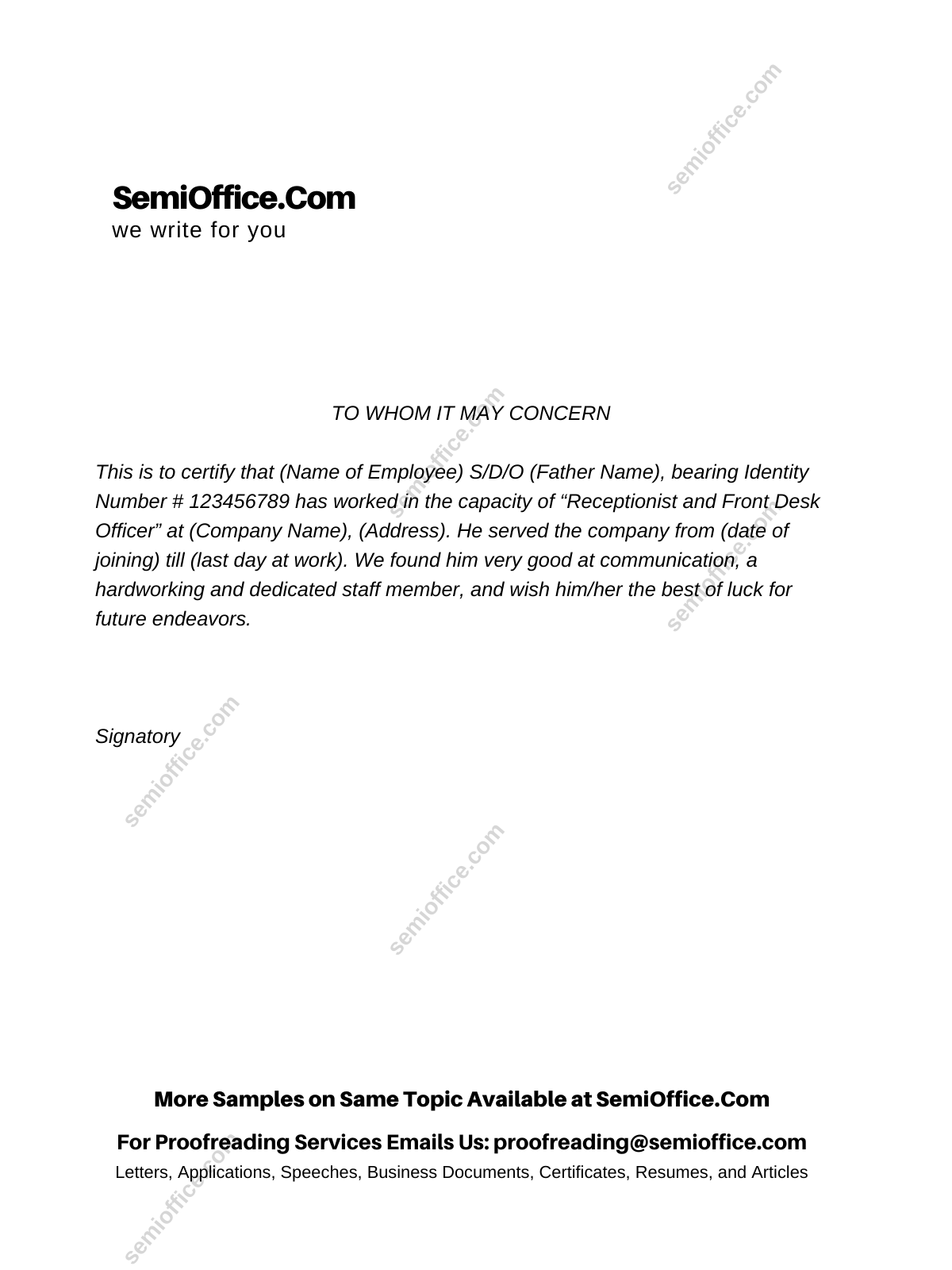 Experience Letter For Receptionist Free Sample  SemiOffice