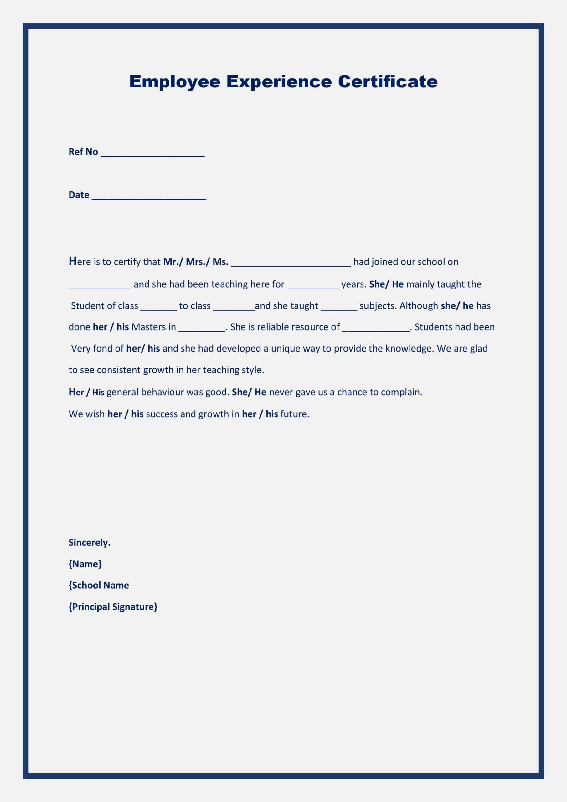 Experience Letter sample for teacher Throughout Certificate Of Experience Template