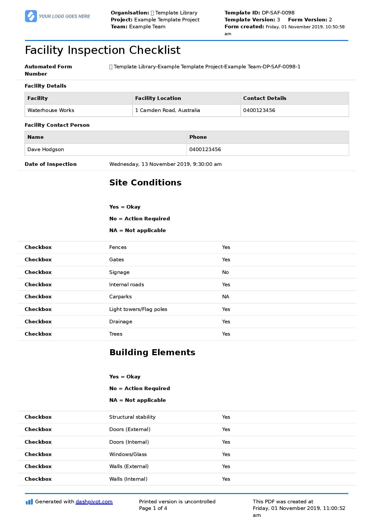 Facility Inspection Checklist template (Better than excel, PDF forms) In Daily Inspection Report Template