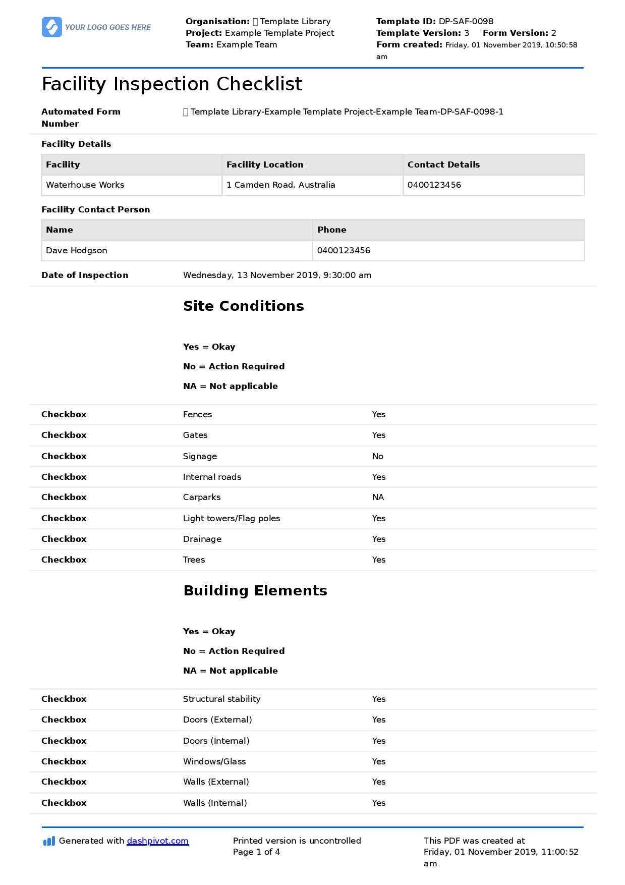 Facility Inspection Checklist template (Better than excel, PDF forms) In Daily Inspection Report Template