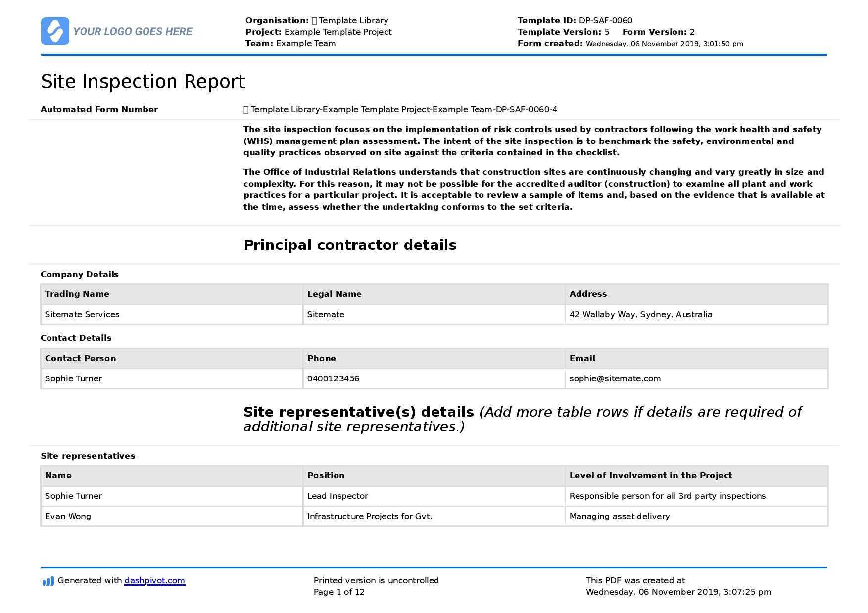 Field Inspection Report template (Free to use and better for  Throughout Daily Inspection Report Template