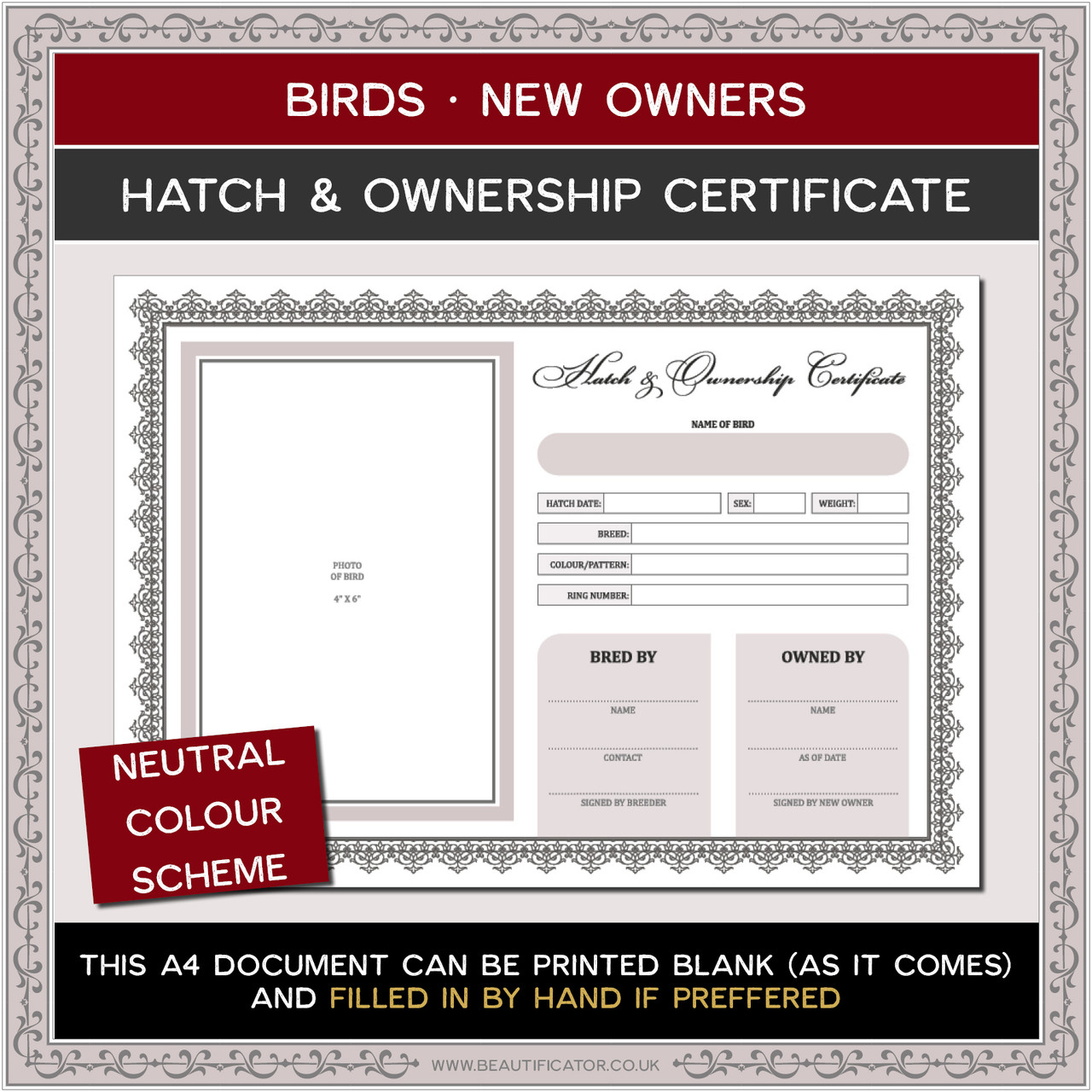 FILLABLE: A10 Bird Hatch and Ownership Certificate Template with 10  Regarding Ownership Certificate Template
