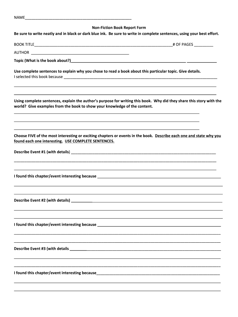 Fillable Online Rescatholicschool Non Fiction Book Report Form  Pertaining To Nonfiction Book Report Template