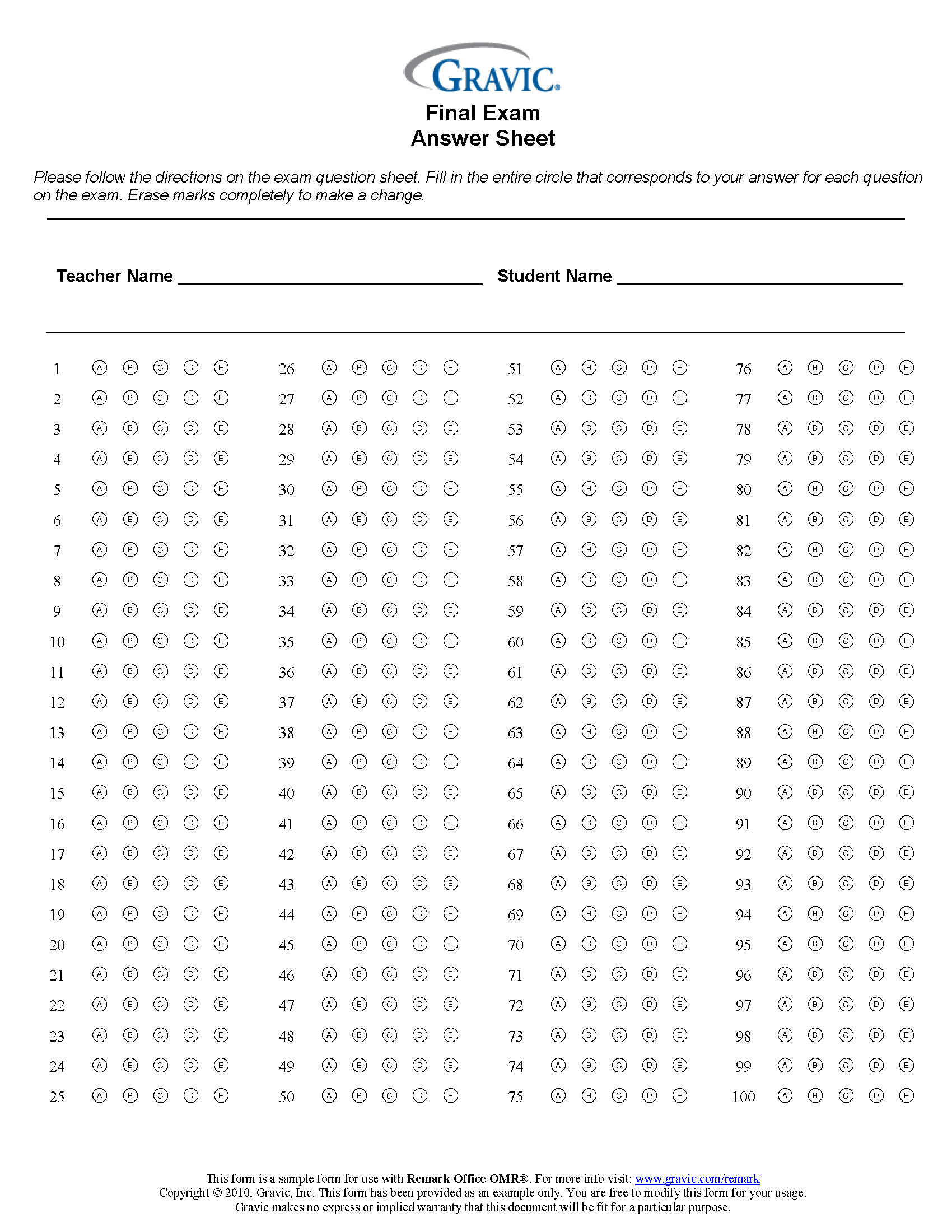 Final Exam 10 Question Test Answer Sheet · Remark Software In Blank Answer Sheet Template 1 100