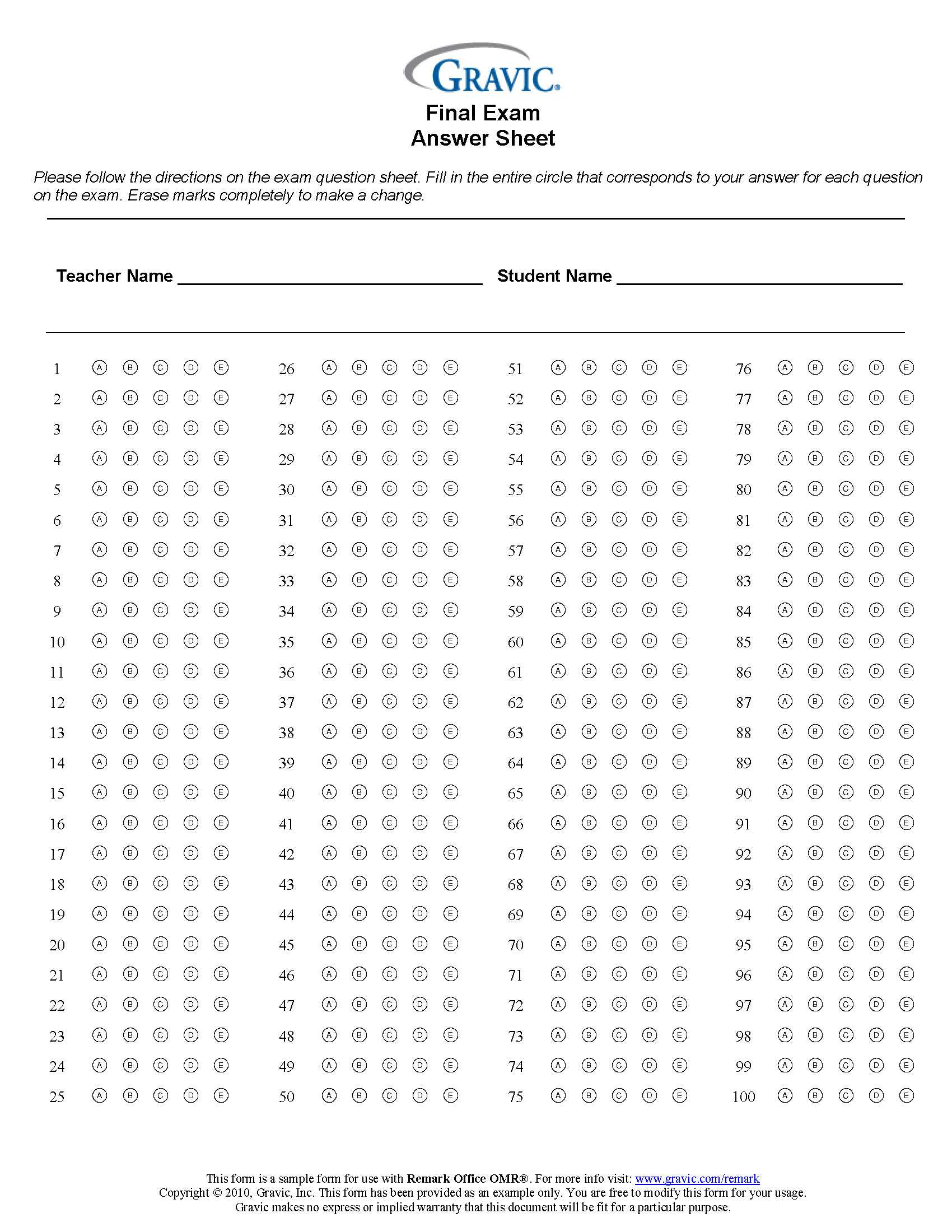 Final Exam 10 Question Test Answer Sheet · Remark Software In Blank Answer Sheet Template 1 100