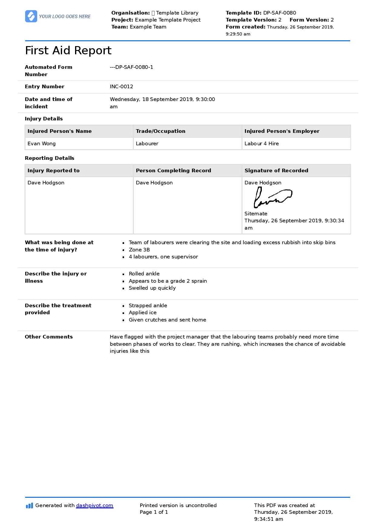 First Aid Report Form template (Free to use, better than PDF) Inside First Aid Incident Report Form Template