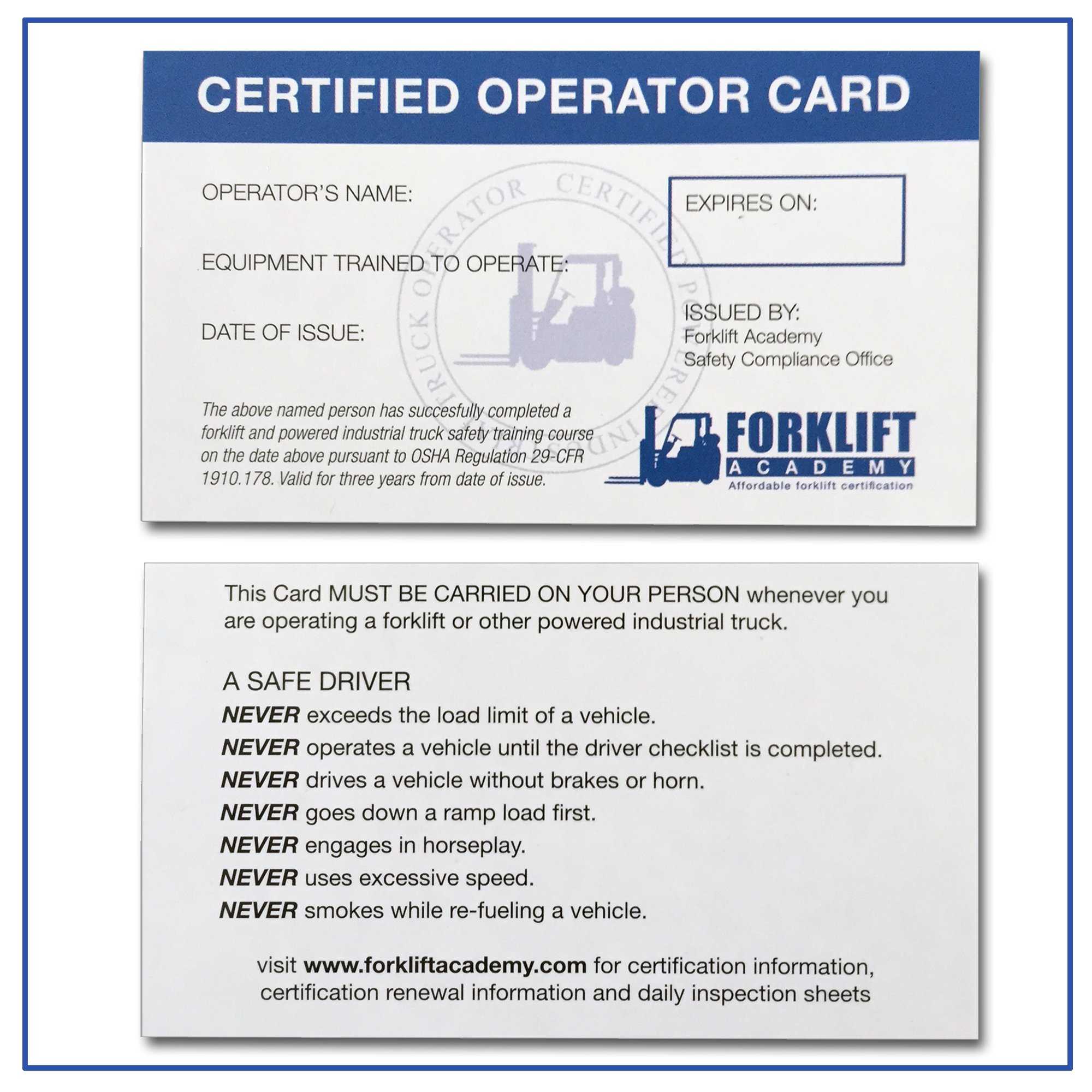 Forklift Certification Wallet Cards (Package Of 10) Pertaining To Forklift Certification Card Template