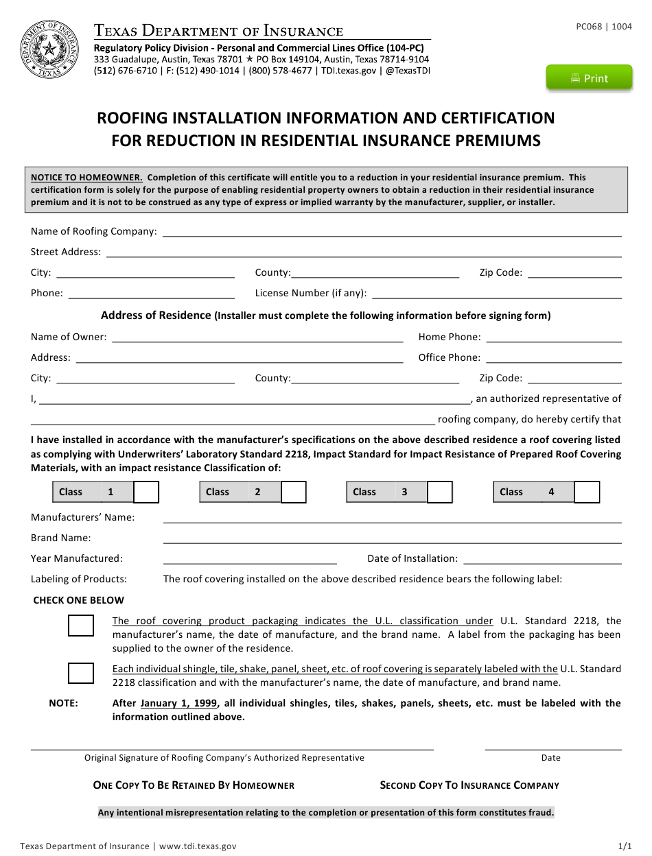 Form PC10 Download Fillable PDF or Fill Online Roofing  Throughout Roof Certification Template