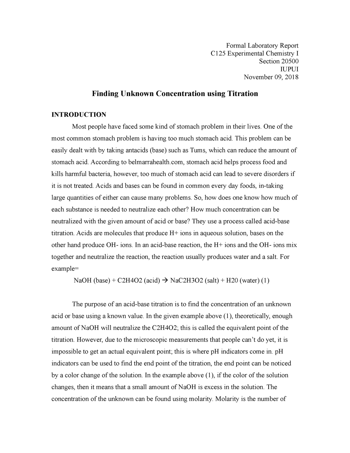 Formal Lab Report Of Vinegar Lab – Formal Laboratory Report C10  Throughout Chemistry Lab Report Template