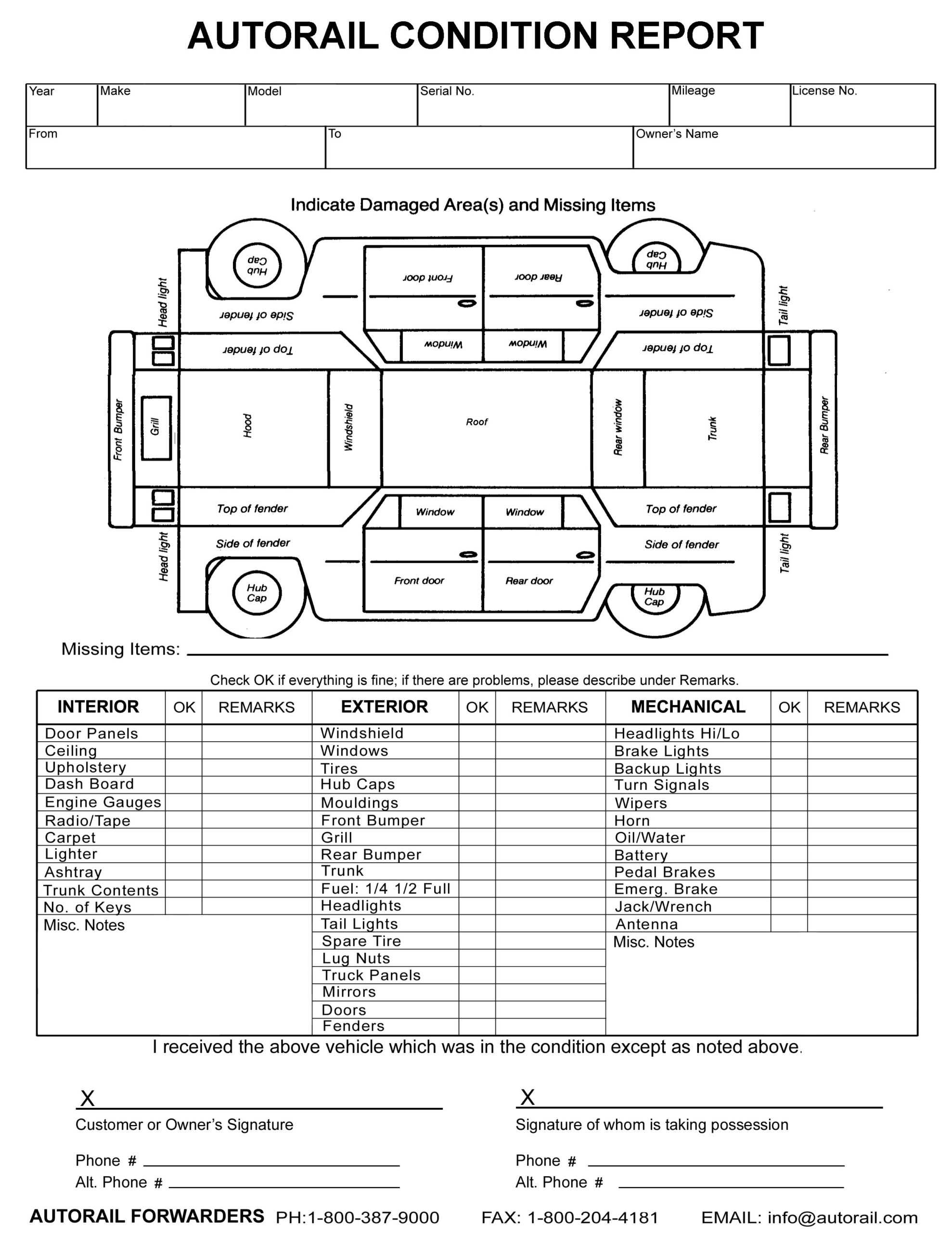 Forms – Auto Transport  Car Shipping  (10) 10 10  Auto Rail  Intended For Truck Condition Report Template