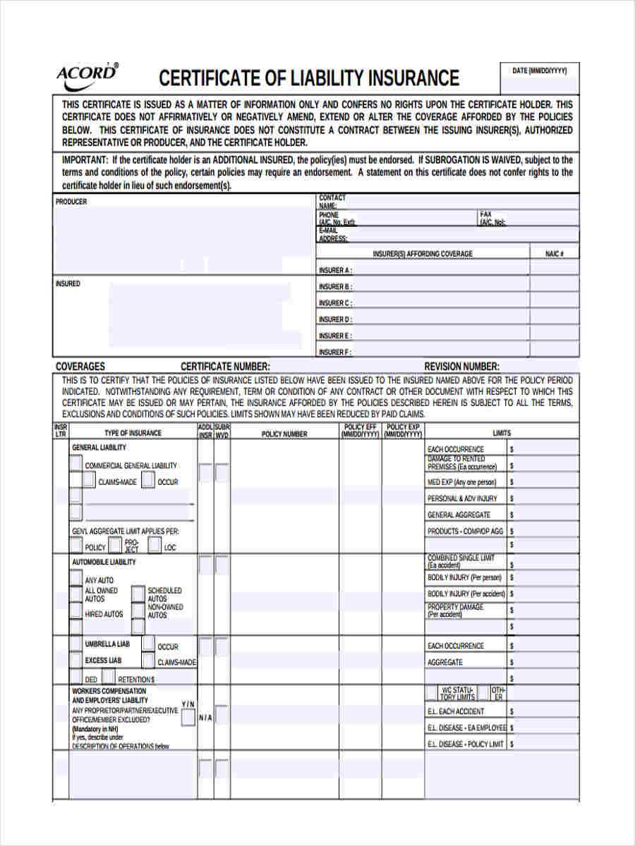 FREE 10+ Liability Insurance Forms in MS Word  PDF In Certificate Of Liability Insurance Template