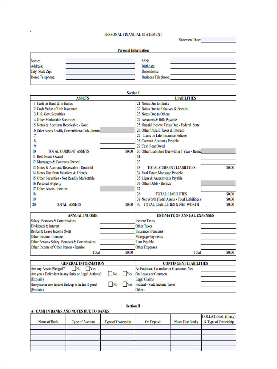 FREE 10+ Personal Financial Statement Forms in PDF  Ms Word  Excel Throughout Blank Personal Financial Statement Template