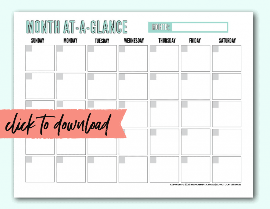 Free Blank Monthly Calendar Template PDF - The Incremental Mama Within Month At A Glance Blank Calendar Template