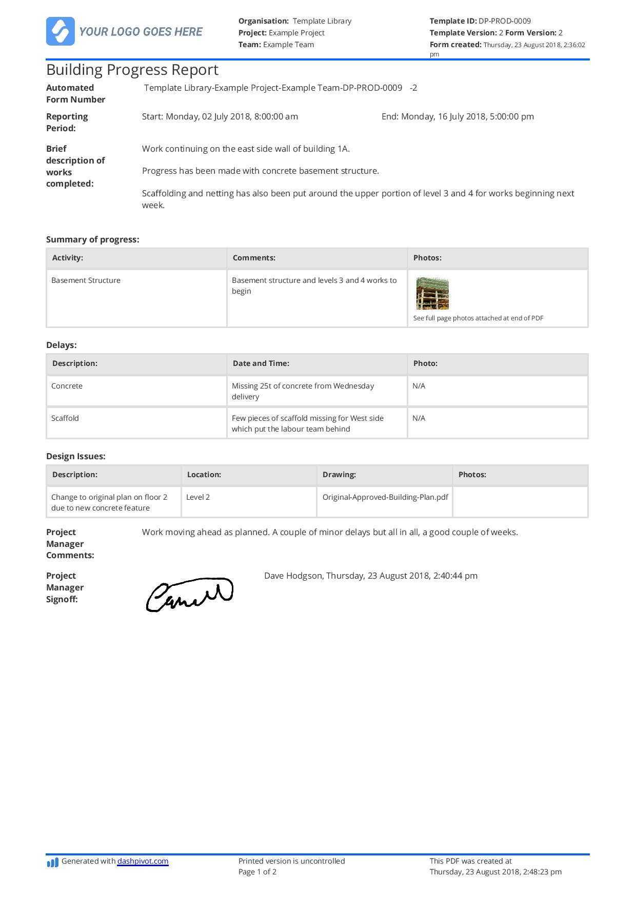 Free Building Construction Progress Report sample (customisable) For Engineering Progress Report Template