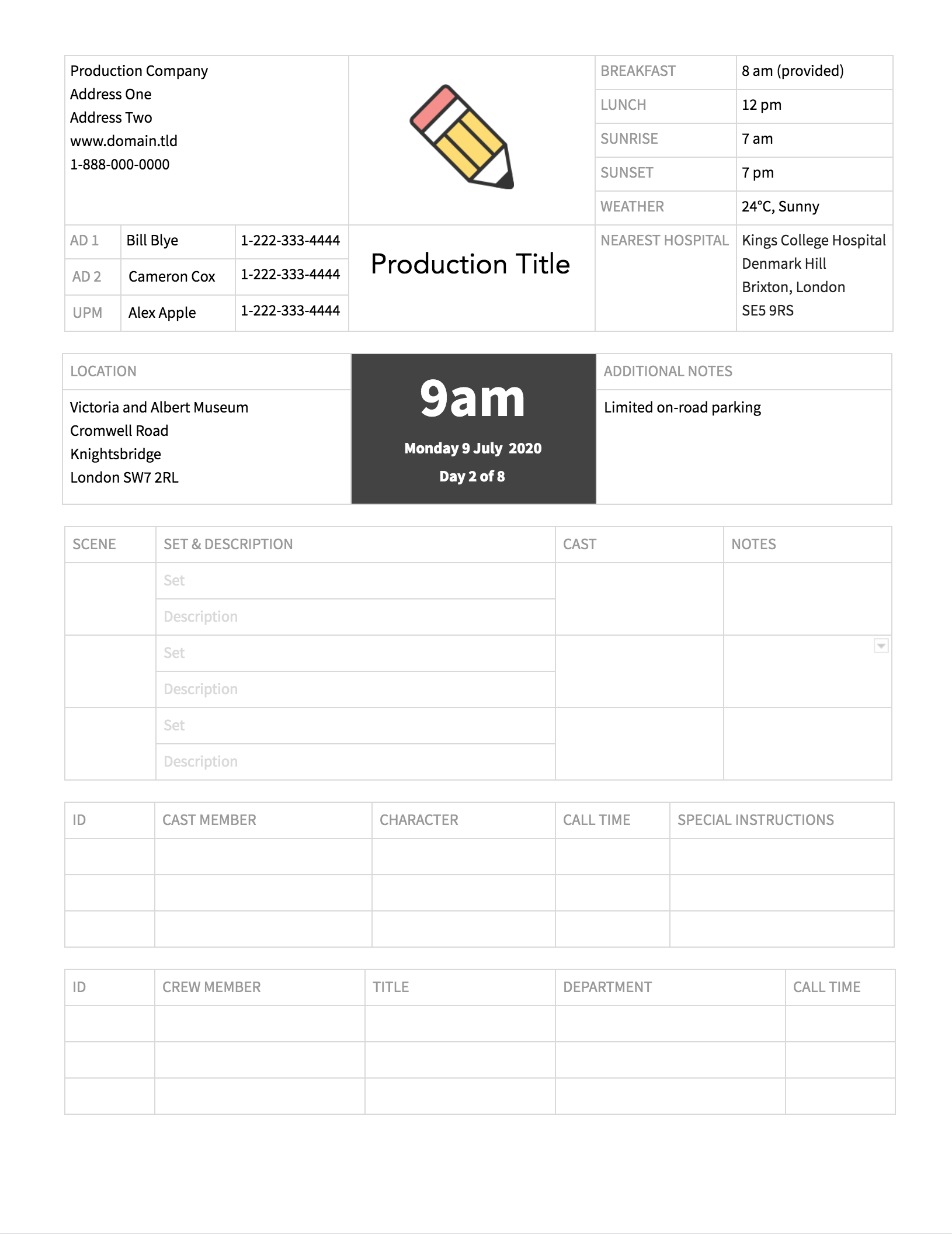 FREE Call Sheet Template (10)  Boords Regarding Blank Call Sheet Template