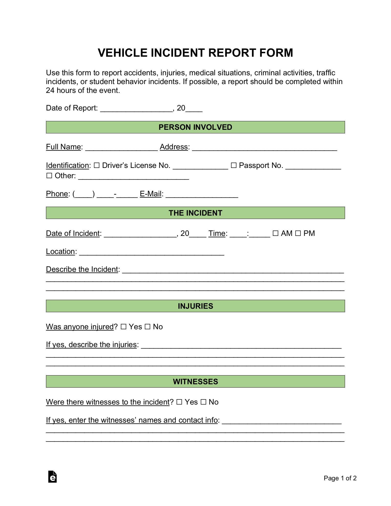 Free Car (Motor Vehicle) Incident Report Template – Word  PDF  For Motor Vehicle Accident Report Form Template