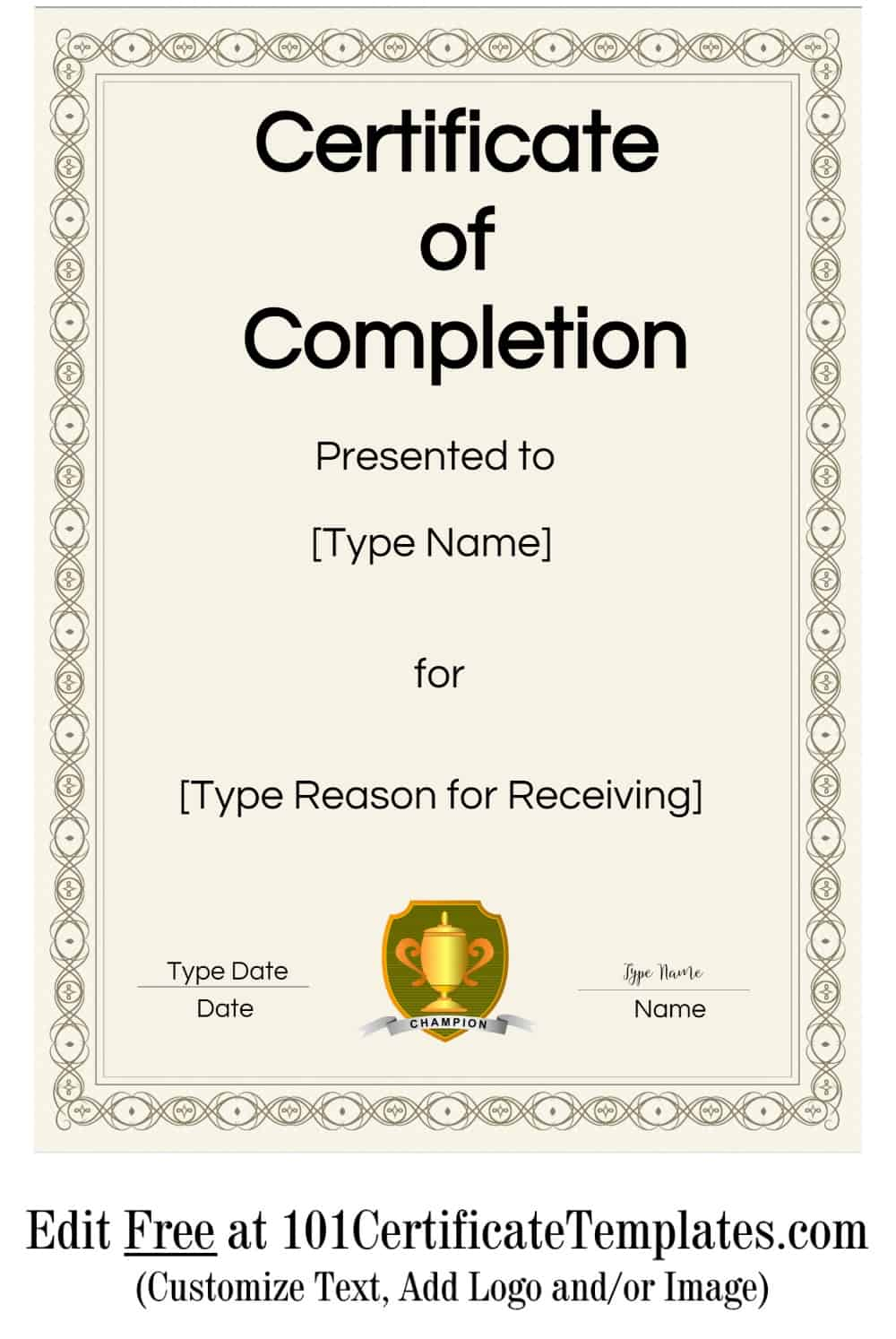 Free Certificate of Completion  Customize Online then Print With Certificate Of Completion Template Free Printable