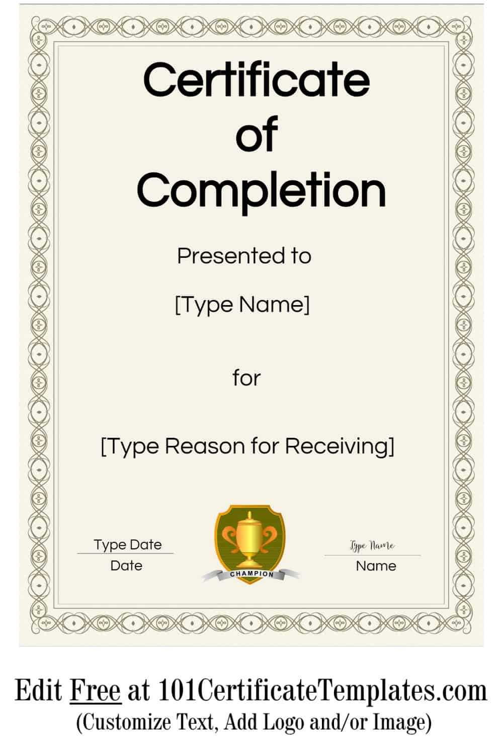 Free Certificate of Completion  Customize Online then Print With Certificate Of Completion Template Free Printable