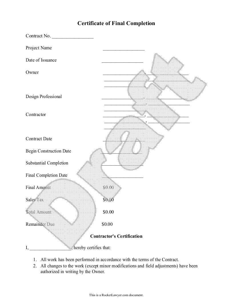 Free Certificate of Final Completion  Rocket Lawyer Inside Certificate Of Completion Template Construction