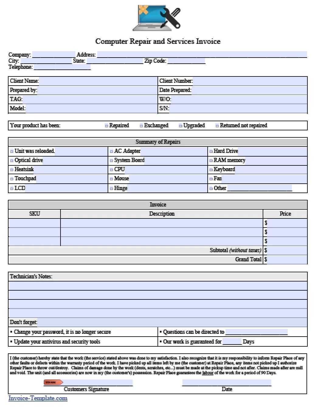 Free Computer Repair Service Invoice Template  PDF  WORD  EXCEL Intended For Computer Maintenance Report Template