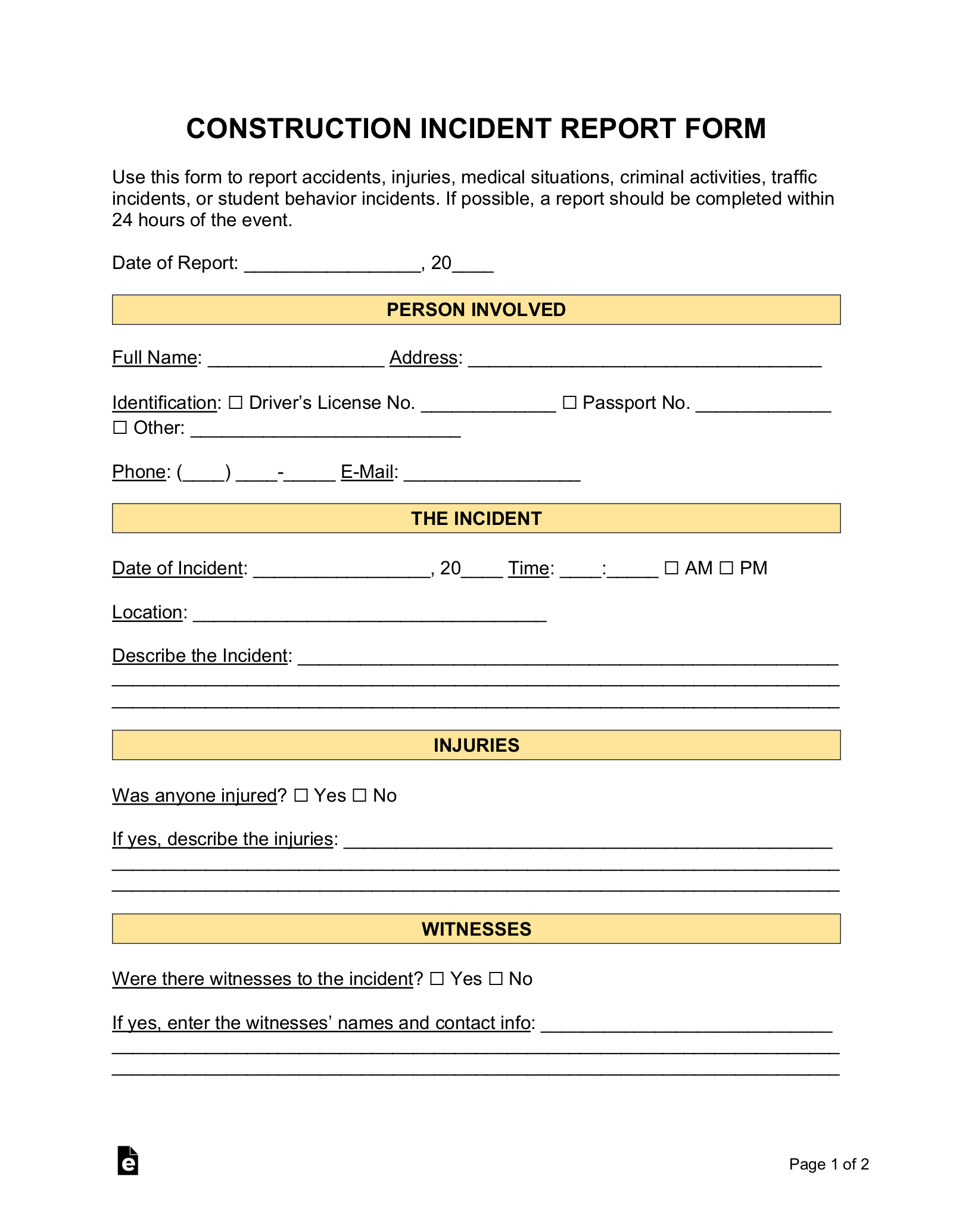 Free Construction Incident Report Template – Word  PDF – EForms Within Construction Accident Report Template