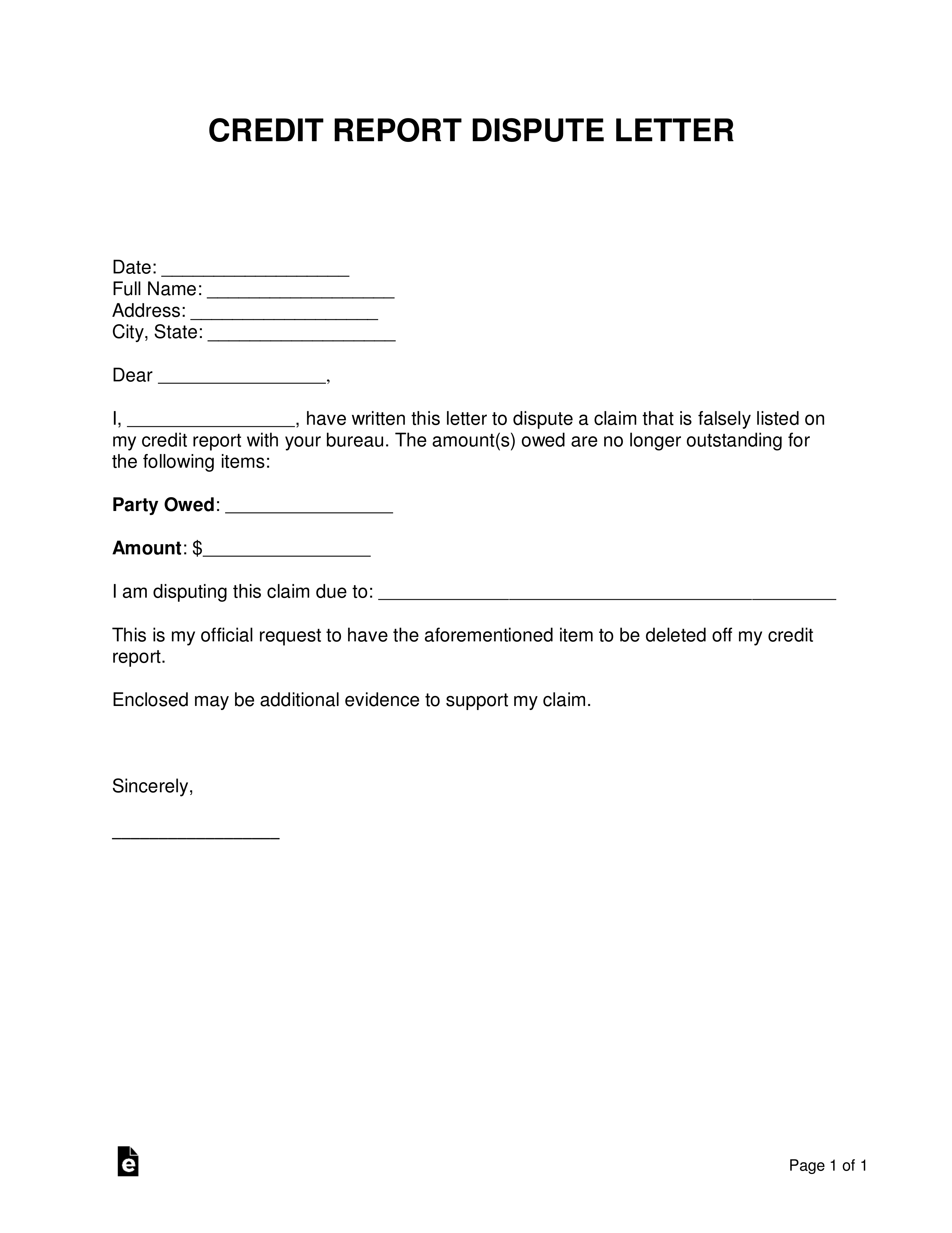 Free Credit Report Dispute Letter Template  Sample - PDF  Word  For Credit Report Dispute Letter Template