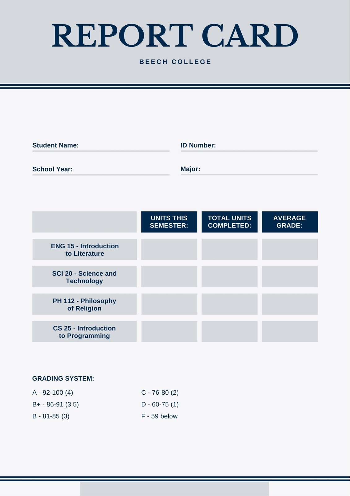 Free custom printable college report card templates  Canva In College Report Card Template