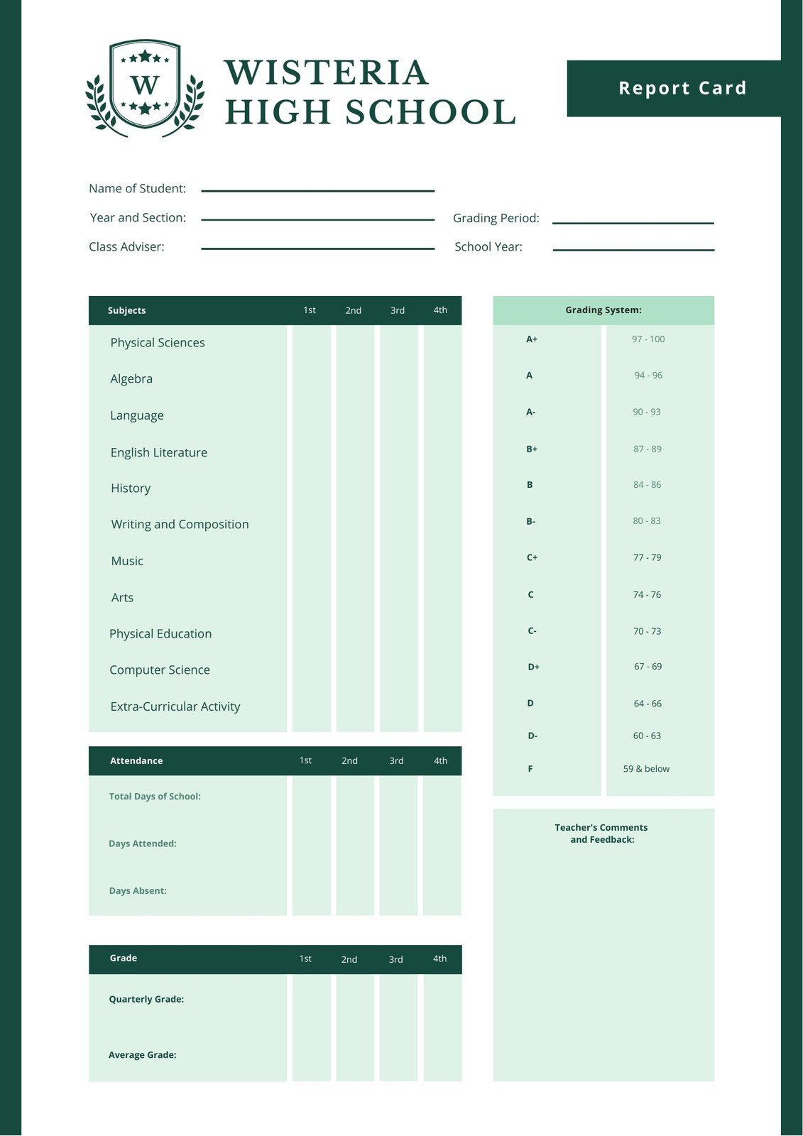 Free custom printable high school report card templates  Canva For High School Student Report Card Template