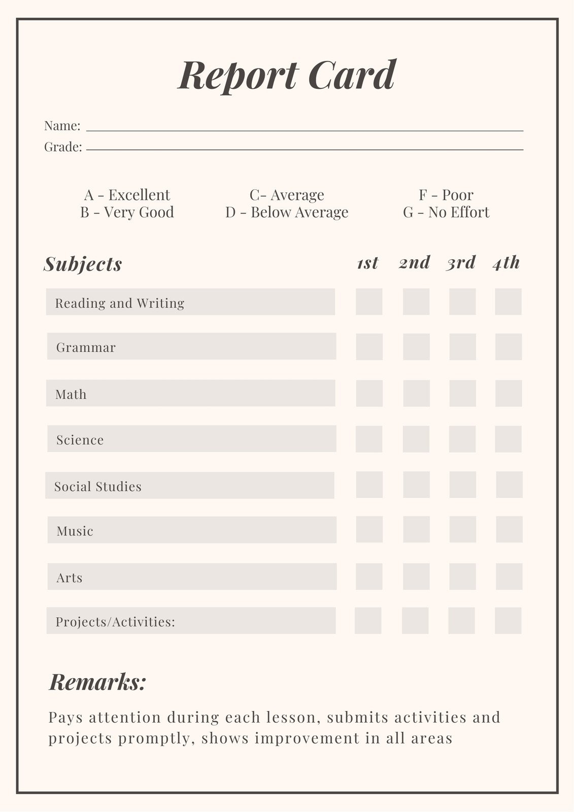 Free custom printable homeschool report card templates  Canva Within Homeschool Report Card Template Middle School