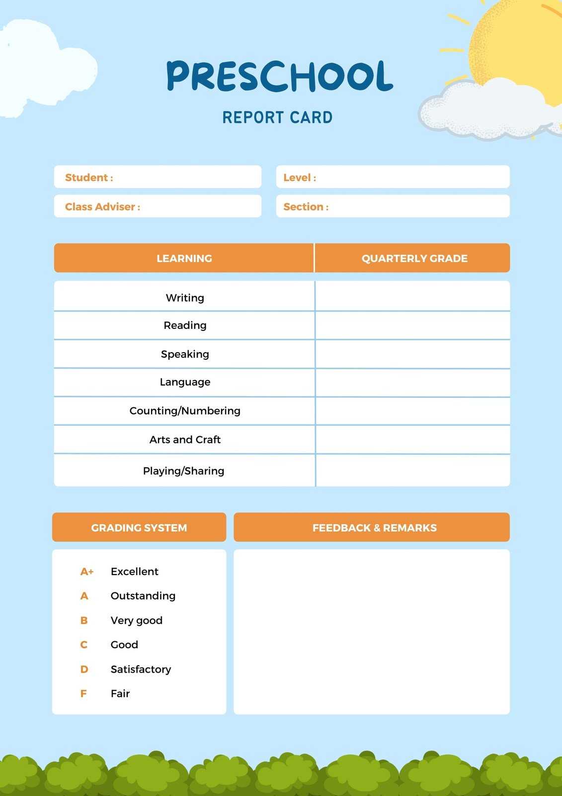 Free Custom Printable Preschool Report Card Templates  Canva For Kindergarten Report Card Template