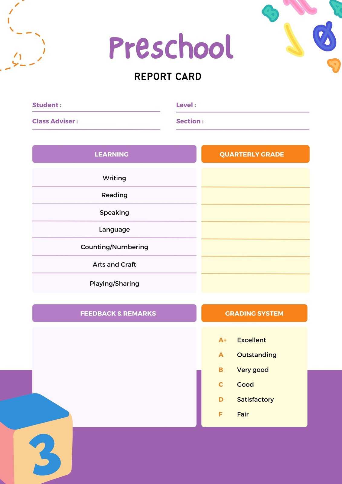 Free custom printable preschool report card templates  Canva Inside Kindergarten Report Card Template