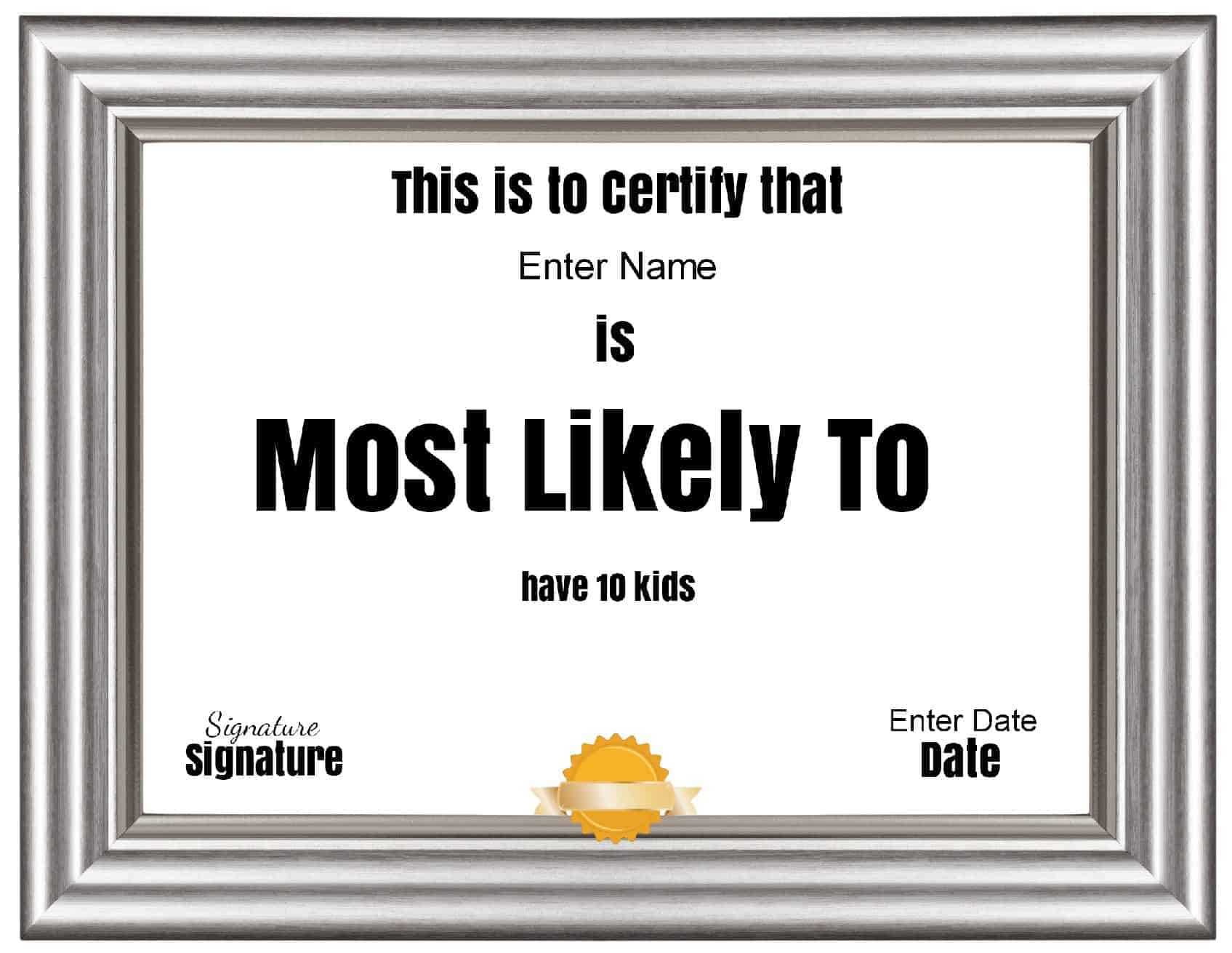 Free Customizable “Most Likely To Awards” With Regard To Free Printable Funny Certificate Templates