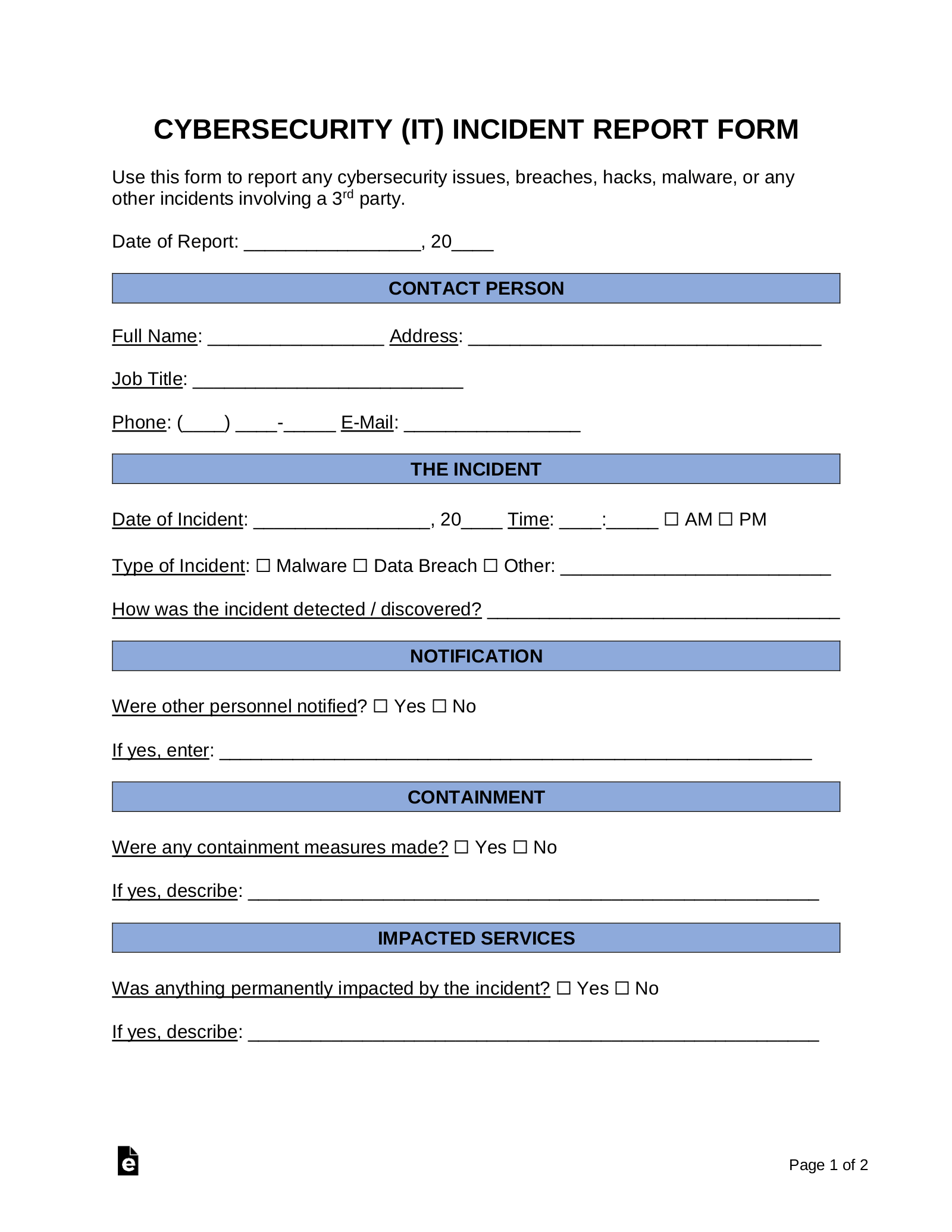 Free Cybersecurity (IT) Incident Report Template - PDF  Word – eForms Intended For Computer Incident Report Template