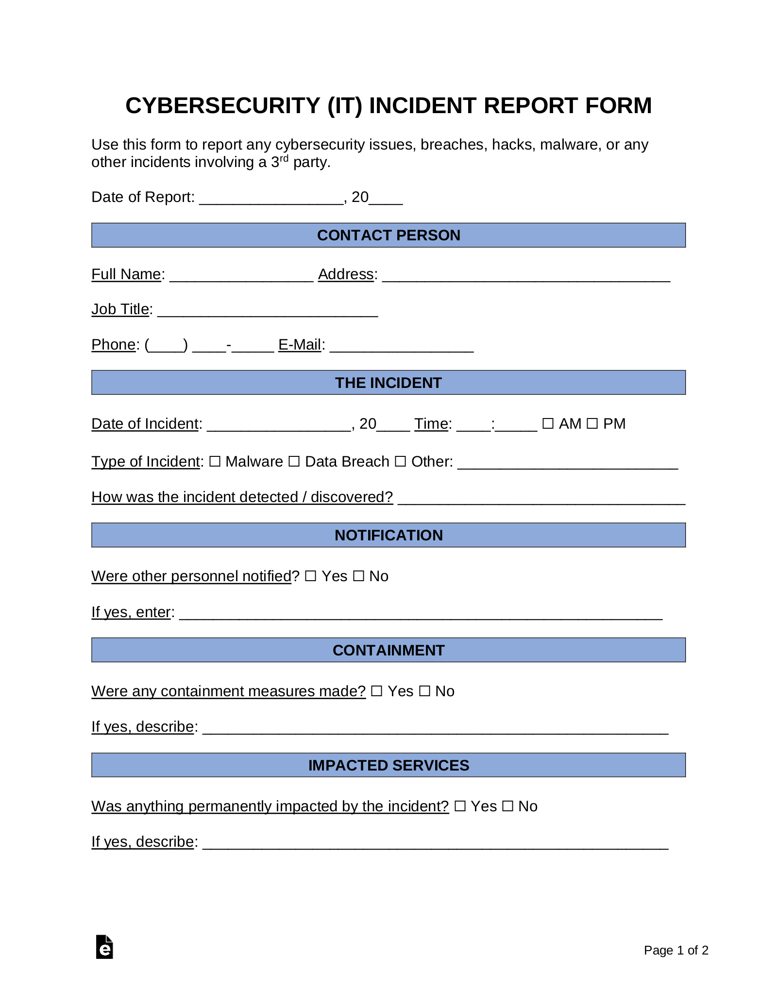 Free Cybersecurity (IT) Incident Report Template – PDF  Word – EForms Intended For Computer Incident Report Template