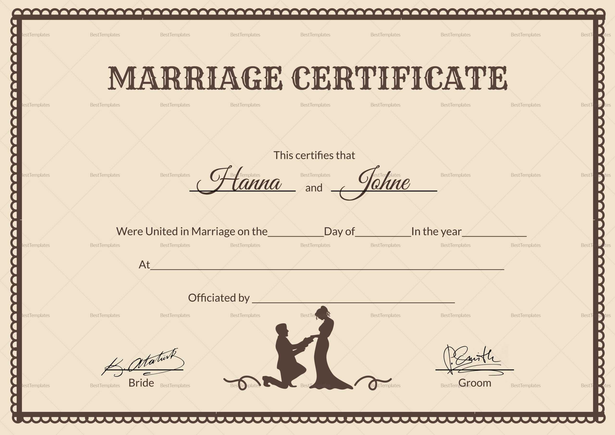 Free Editable Marriage Certificate Template  Sample  Format In PDF For Blank Marriage Certificate Template