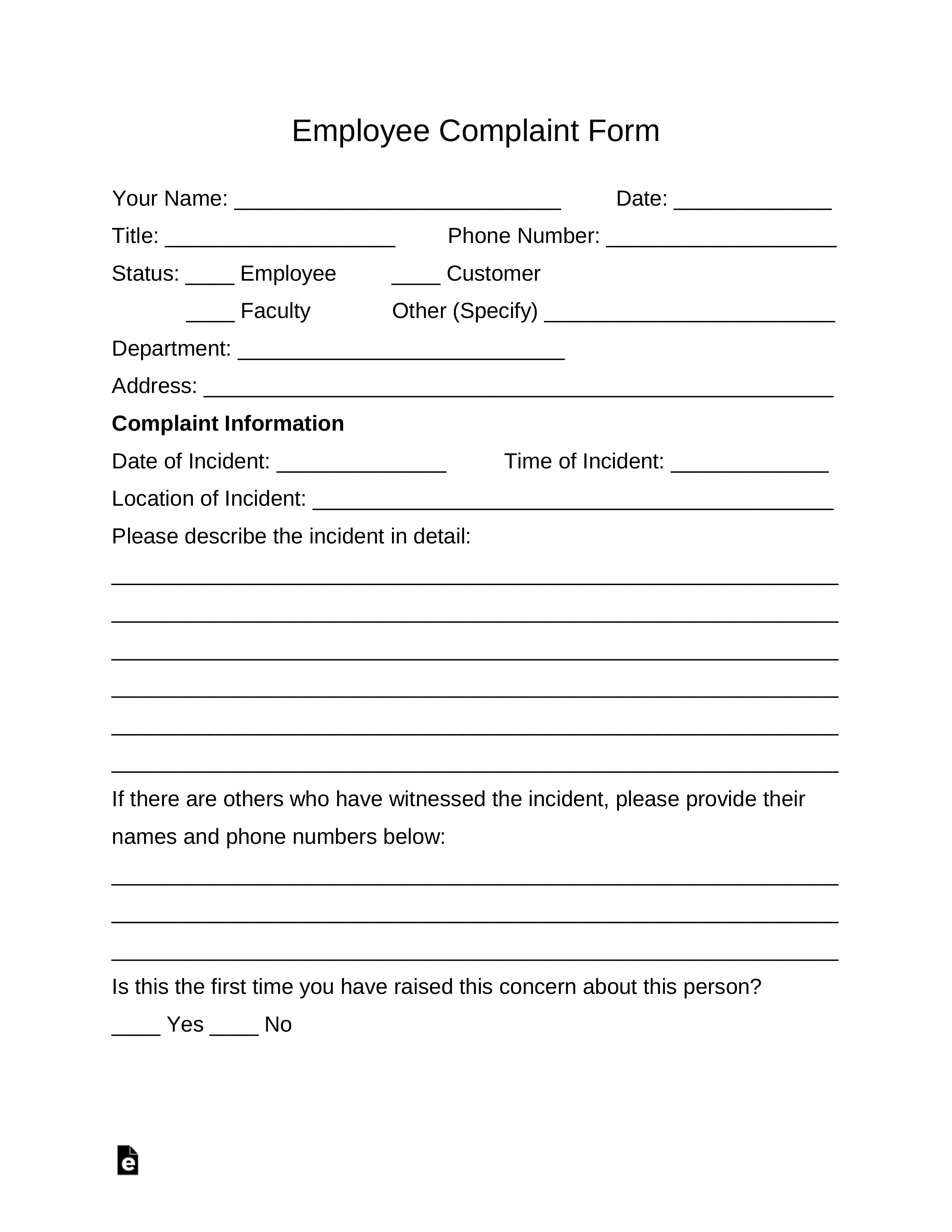 Free Employee Complaint Form - PDF  Word – eForms Inside Sexual Harassment Investigation Report Template