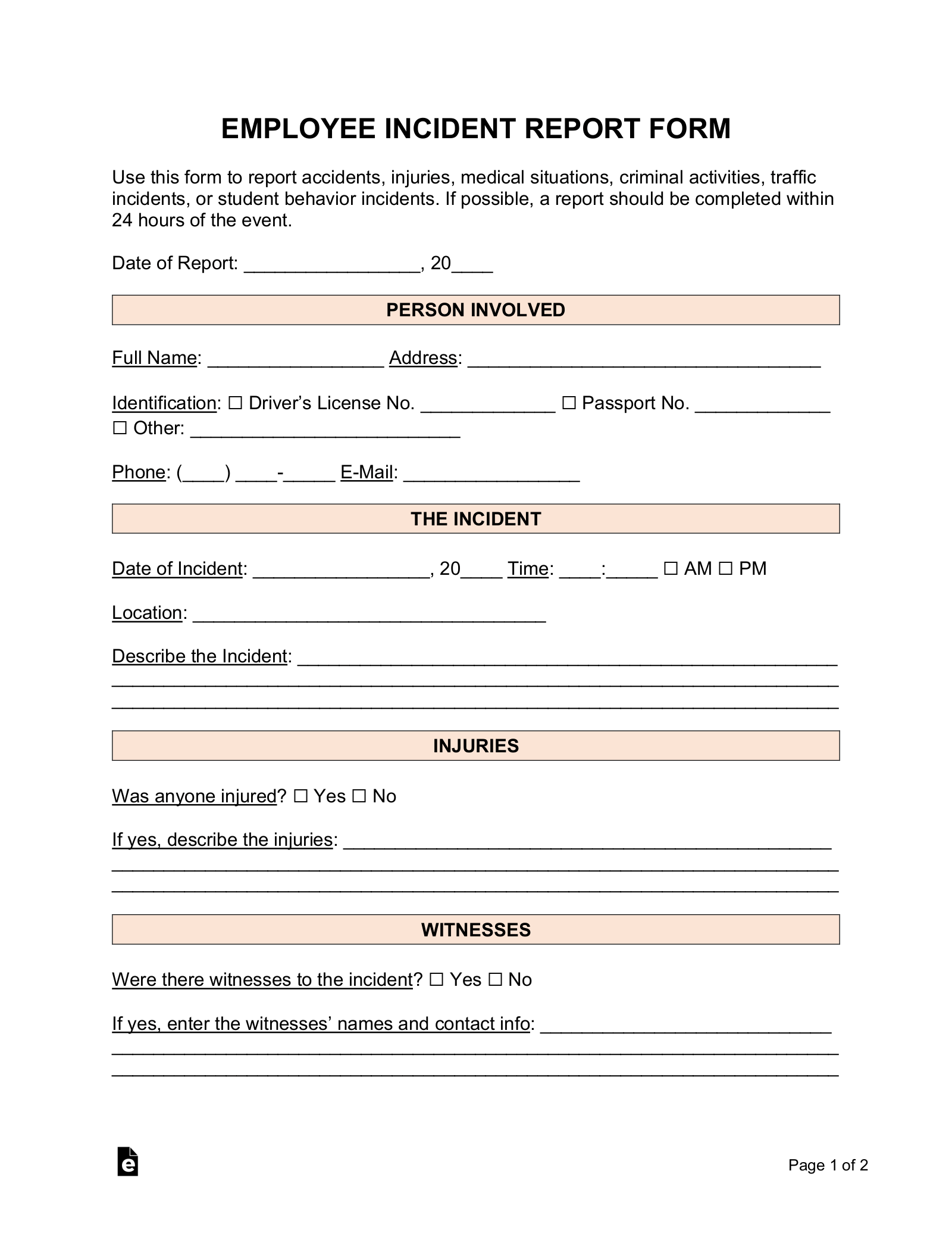 Free Employee Incident Report Template - Word  PDF – eForms For Employee Incident Report Templates