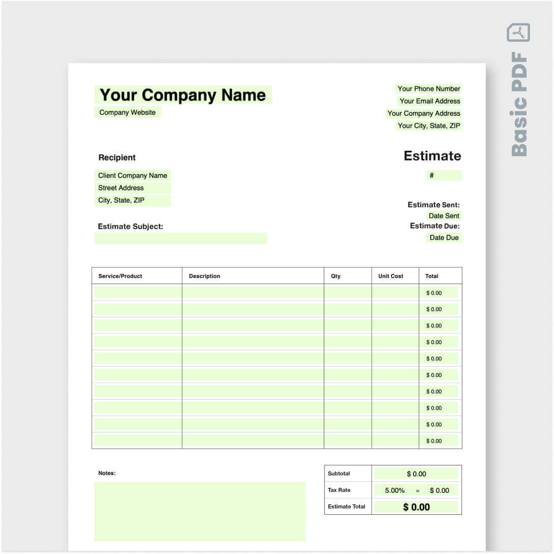 Free Estimate Template – Customize & Download  Jobber Free Tools In Blank Estimate Form Template