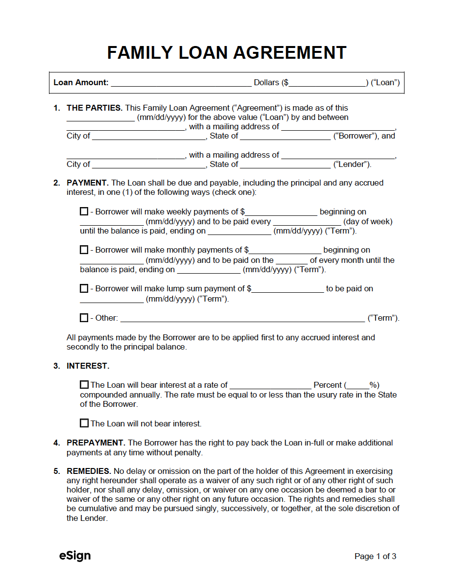 Free Family Loan Agreement Template – PDF  Word Throughout Blank Loan Agreement Template