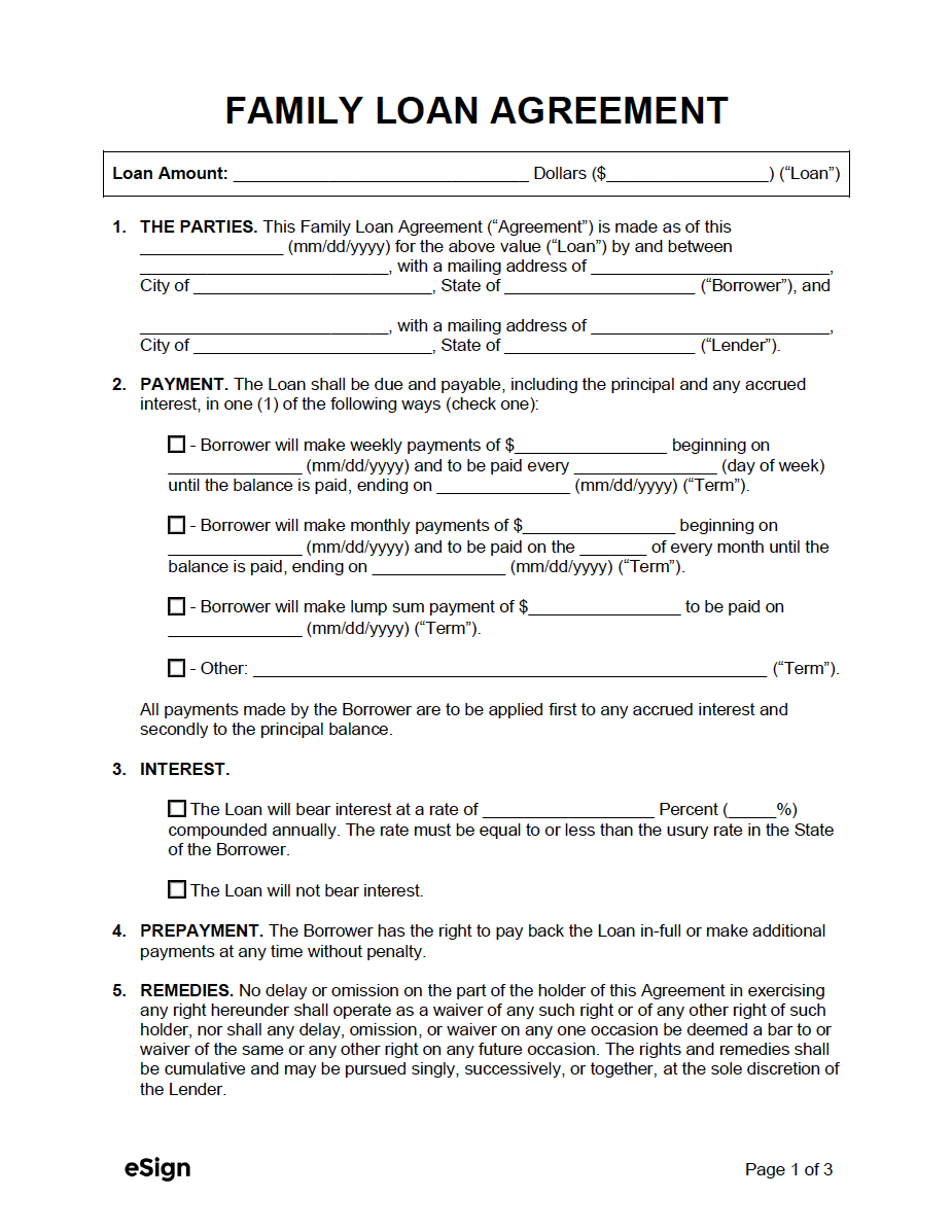 Free Family Loan Agreement Template - PDF  Word Throughout Blank Loan Agreement Template