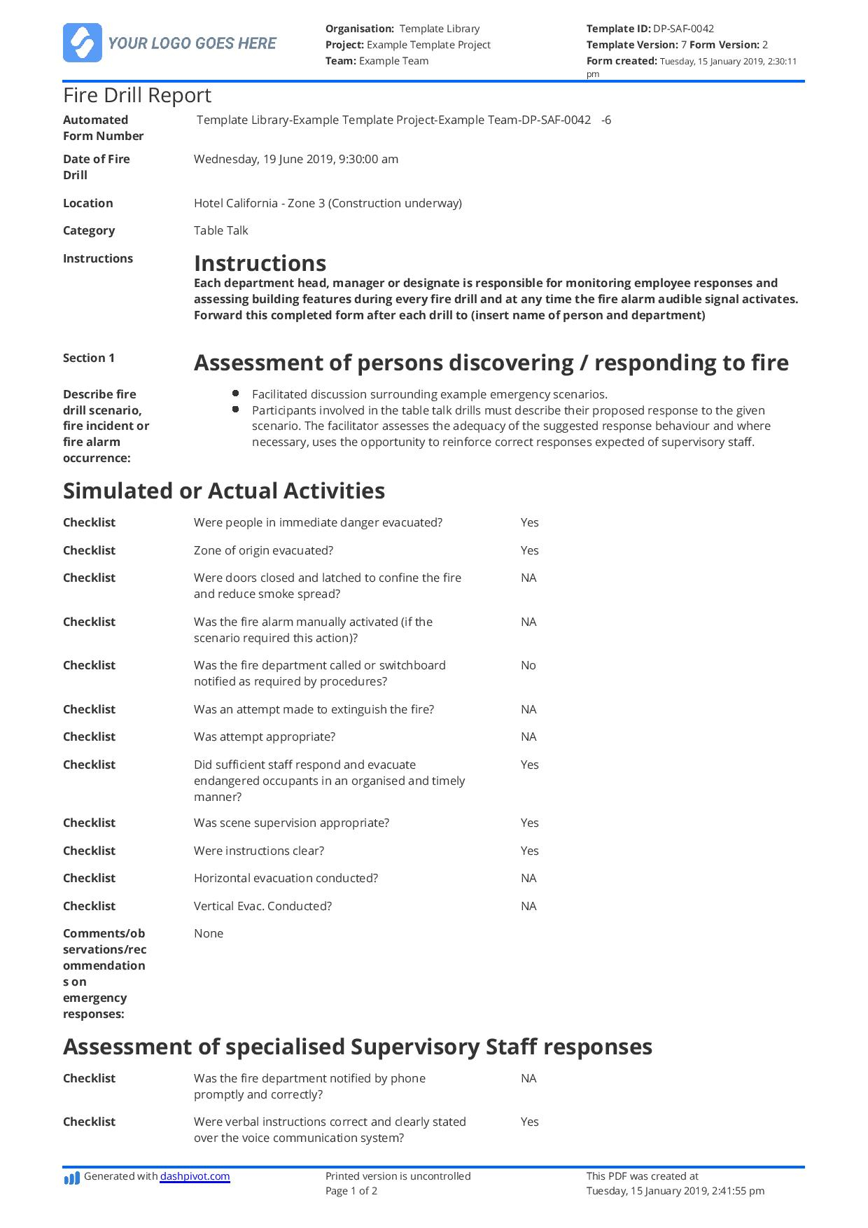 Free Fire Drill Report template - Use, customise, download, print Regarding Emergency Drill Report Template