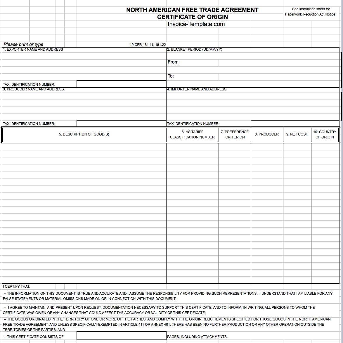 Free General Customs (NAFTA) Commercial Invoice Template  PDF  Within Nafta Certificate Template