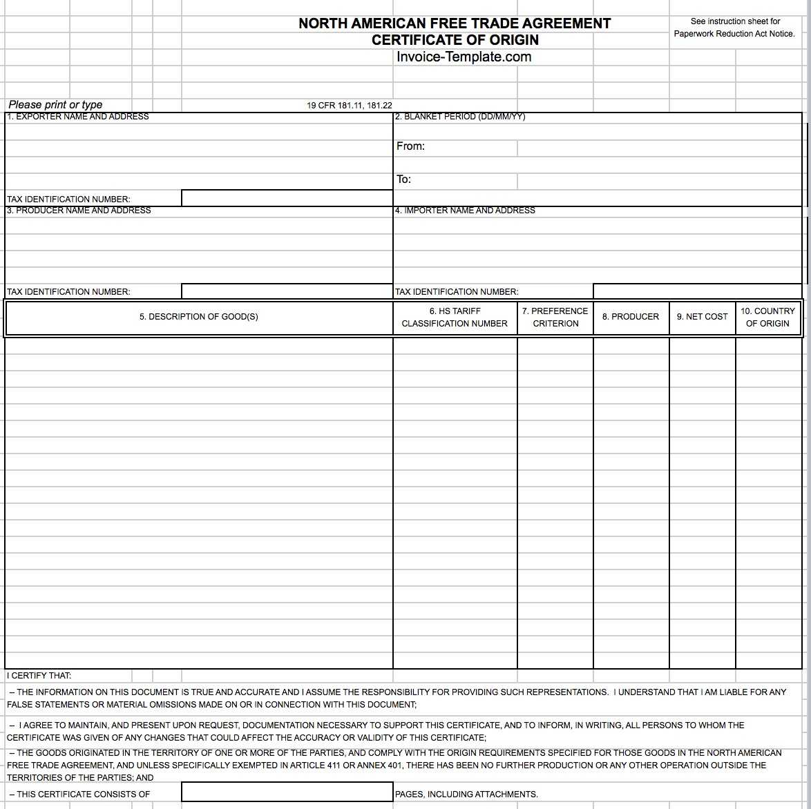 Free General Customs (NAFTA) Commercial Invoice Template  PDF  Within Nafta Certificate Template