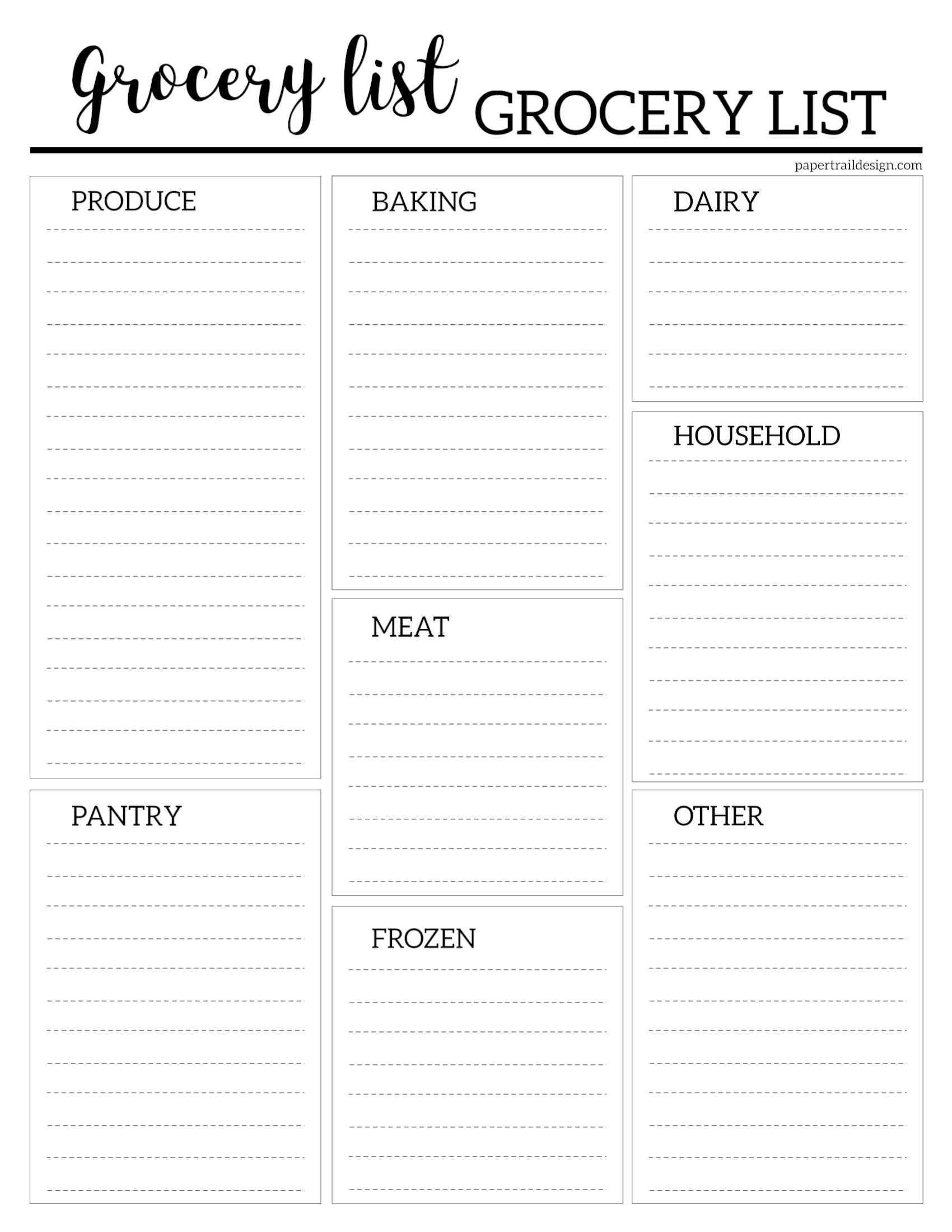 Free Grocery List Printable - Paper Trail Design Within Blank Grocery Shopping List Template