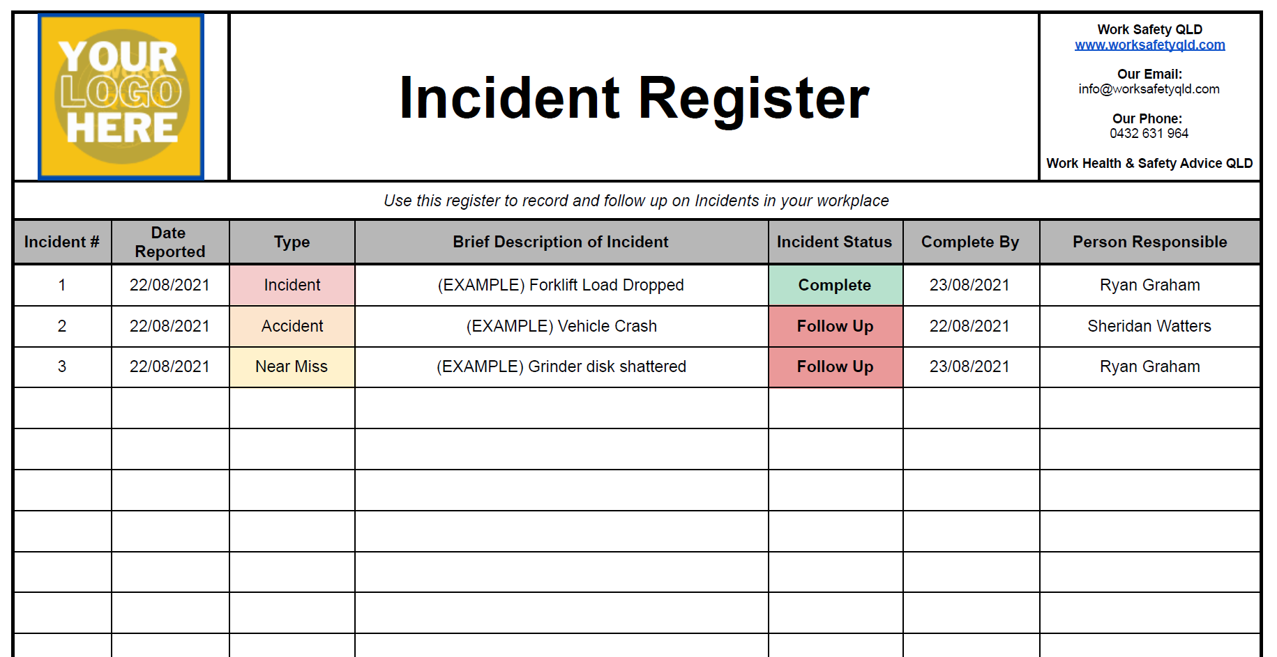 Free Incident Register Template For Queensland - Work Safety QLD Throughout Incident Report Register Template