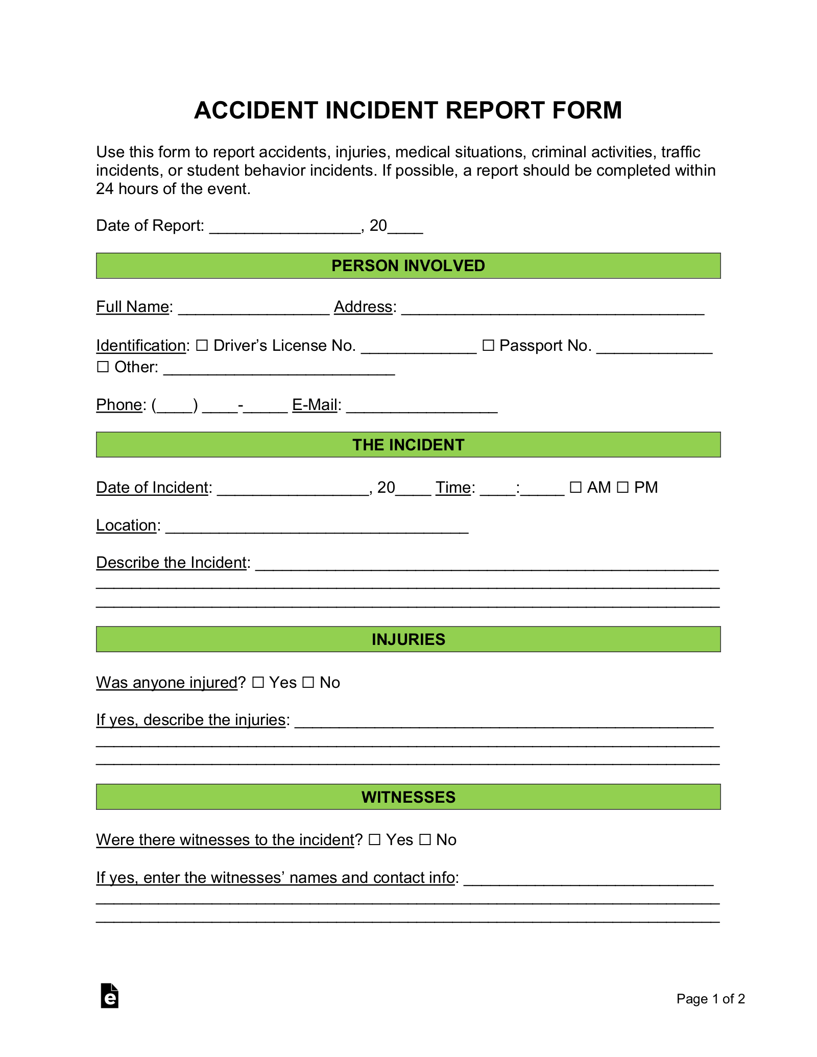 Free Incident Report Templates (10)  Sample – PDF  Word – EForms For Employee Incident Report Templates