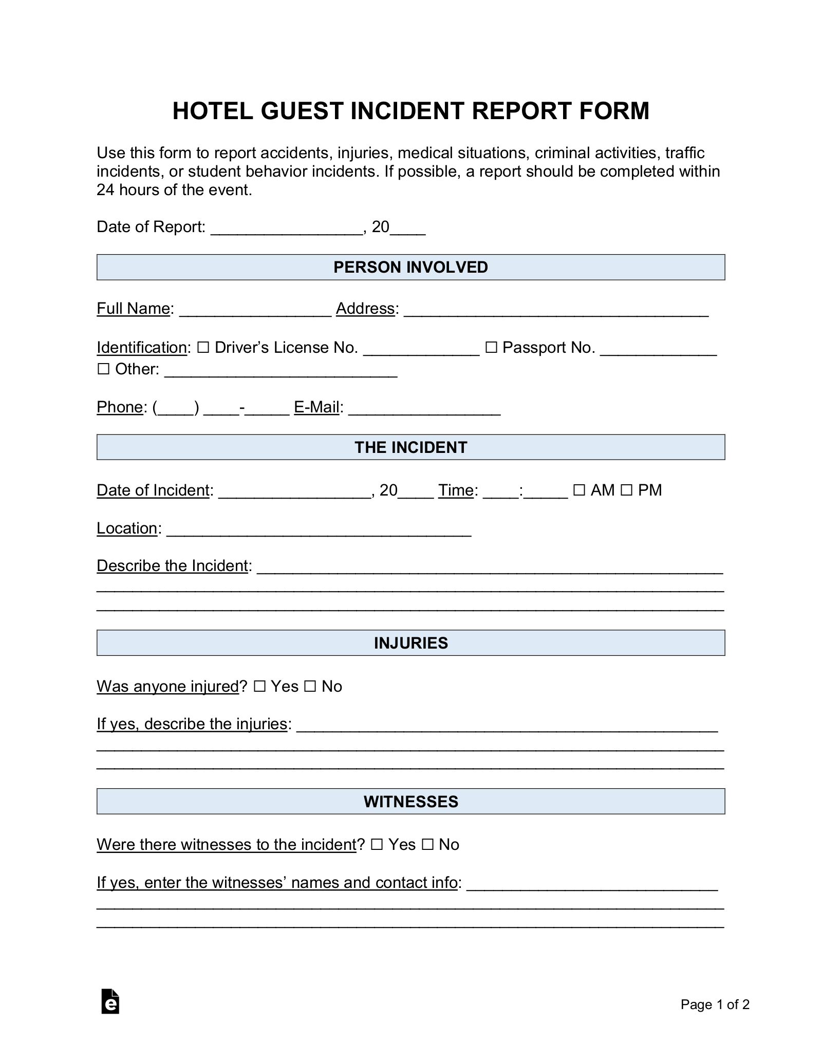 Free Incident Report Templates (10)  Sample – PDF  Word – EForms For Incident Report Form Template Doc