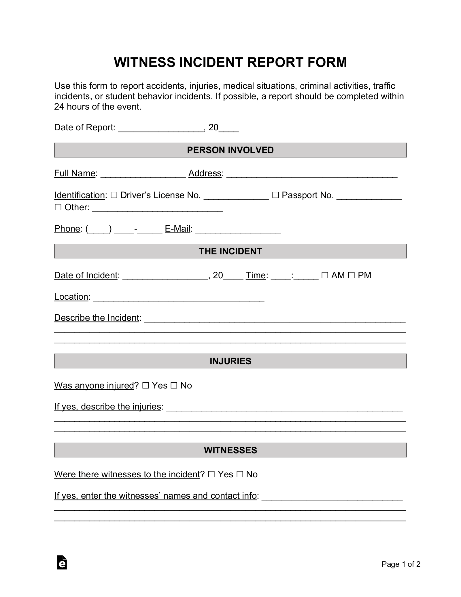 Free Incident Report Templates (10)  Sample – PDF  Word – EForms Inside Incident Report Log Template