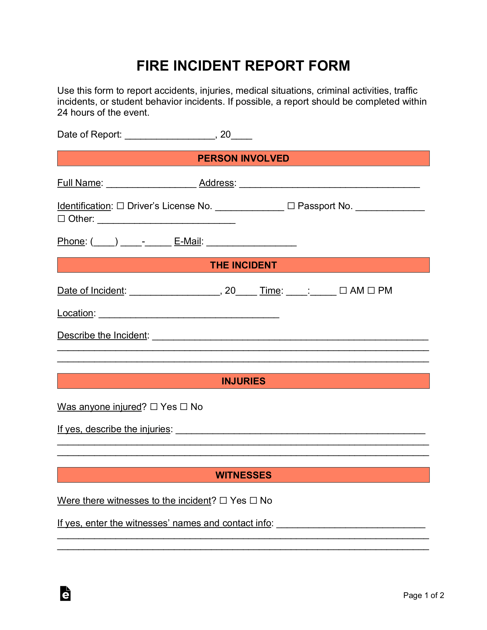 Free Incident Report Templates (10)  Sample – PDF  Word – EForms Inside Sample Fire Investigation Report Template